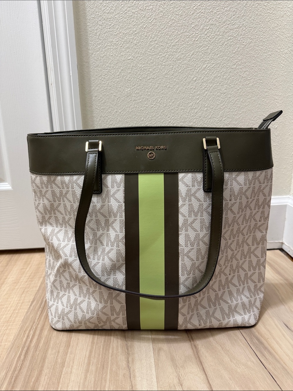 Michael Kors Olive and Lime Stripe Signature Tote